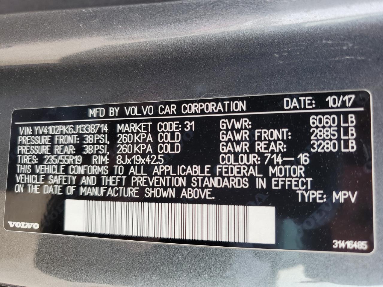 2018 Volvo XC90 VIN YV4102PK6J1338714 Copart auction photo, front end damage thumbnail 13