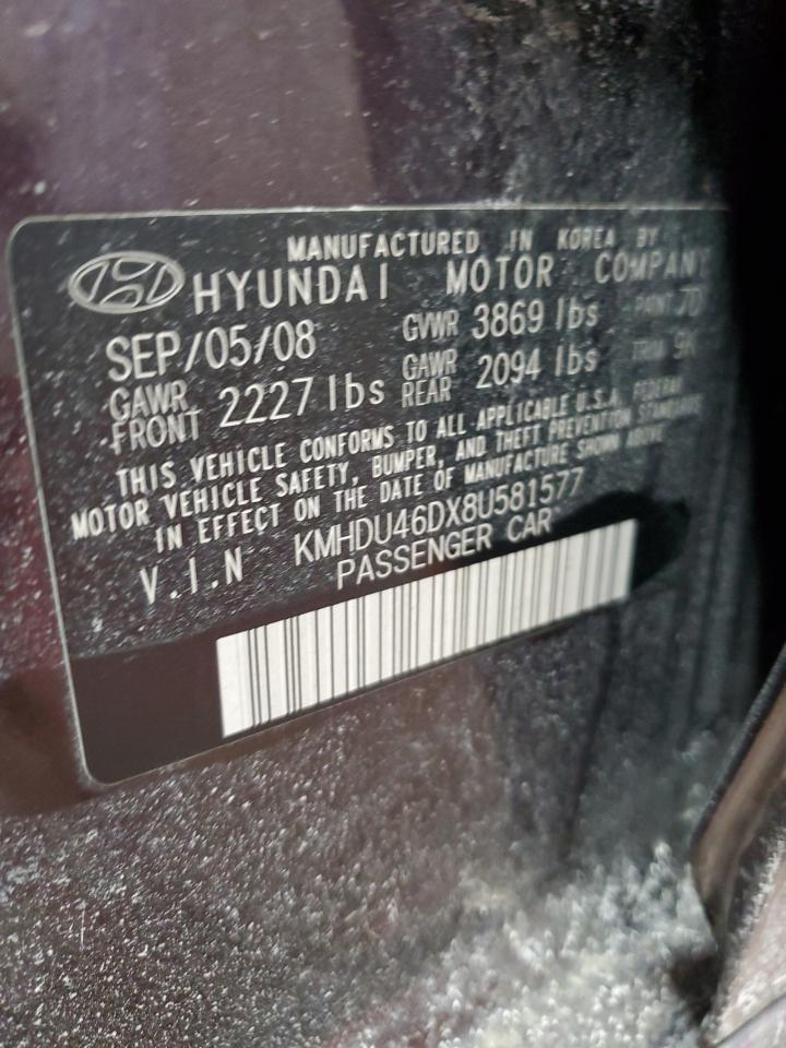 2008 Hyundai Elantra VIN KMHDU46DX8U581577 Copart auction photo, front end damage thumbnail 12