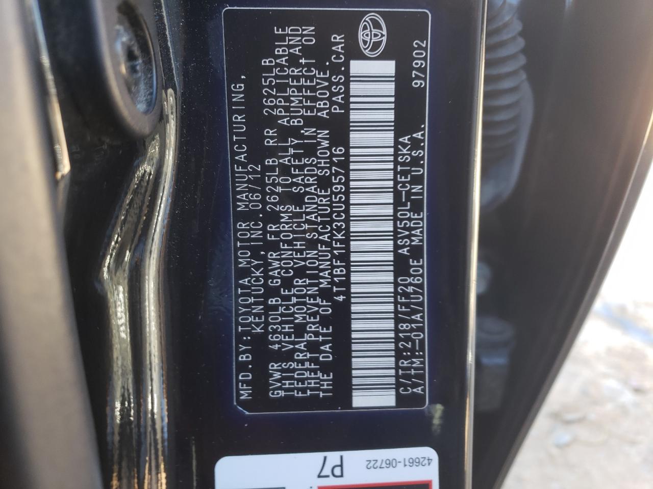 2012 Toyota Camry VIN 4T1BF1FK3CU595716 Copart auction photo, rear end damage thumbnail 12