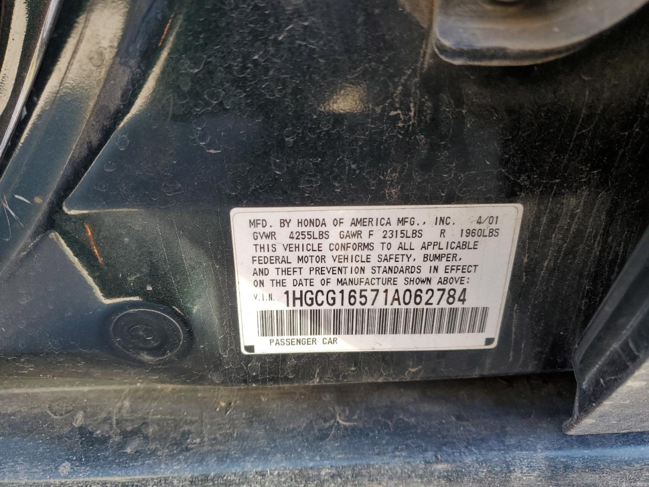 2001 Honda Accord VIN 1HGCG16571A062784 Copart auction photo, front end damage thumbnail 12