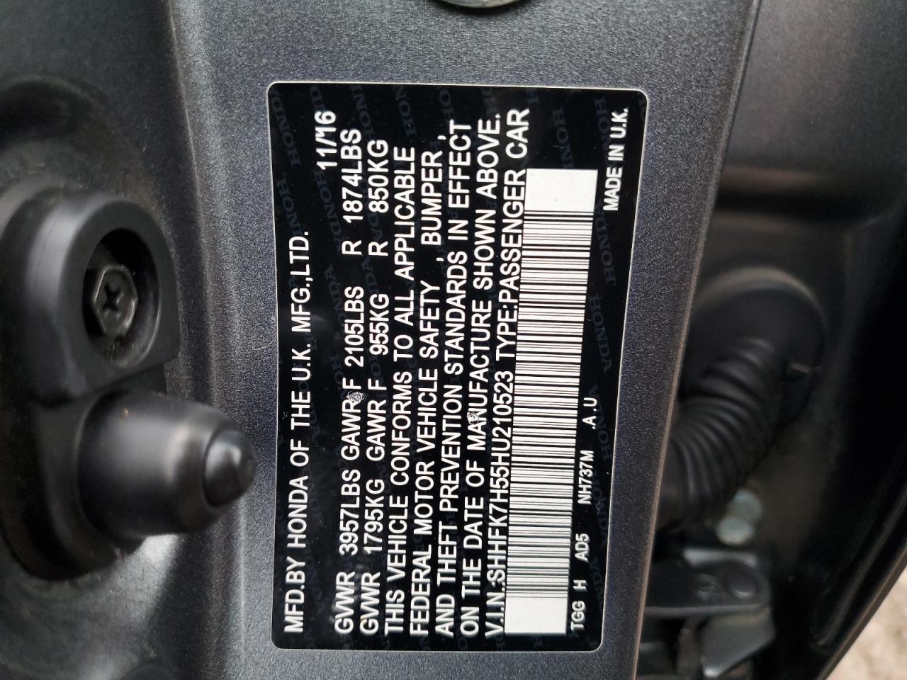 2017 Honda Civic VIN SHHFK7H55HU210523 Copart auction photo, rear end / minor dent/scratches damage thumbnail 12