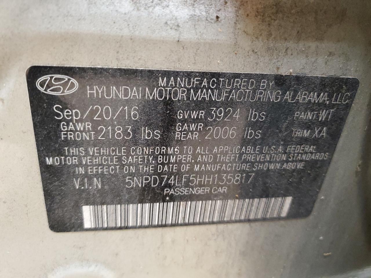 2017 Hyundai Elantra VIN 5NPD74LF5HH135817 Copart auction photo, front end / normal wear damage thumbnail 12