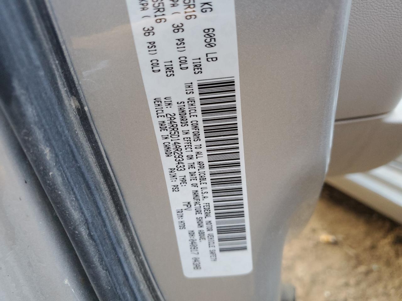 2010 Chrysler Town & Country VIN 2A4RR5D14AR293433 Copart auction photo, front end / side damage thumbnail 14