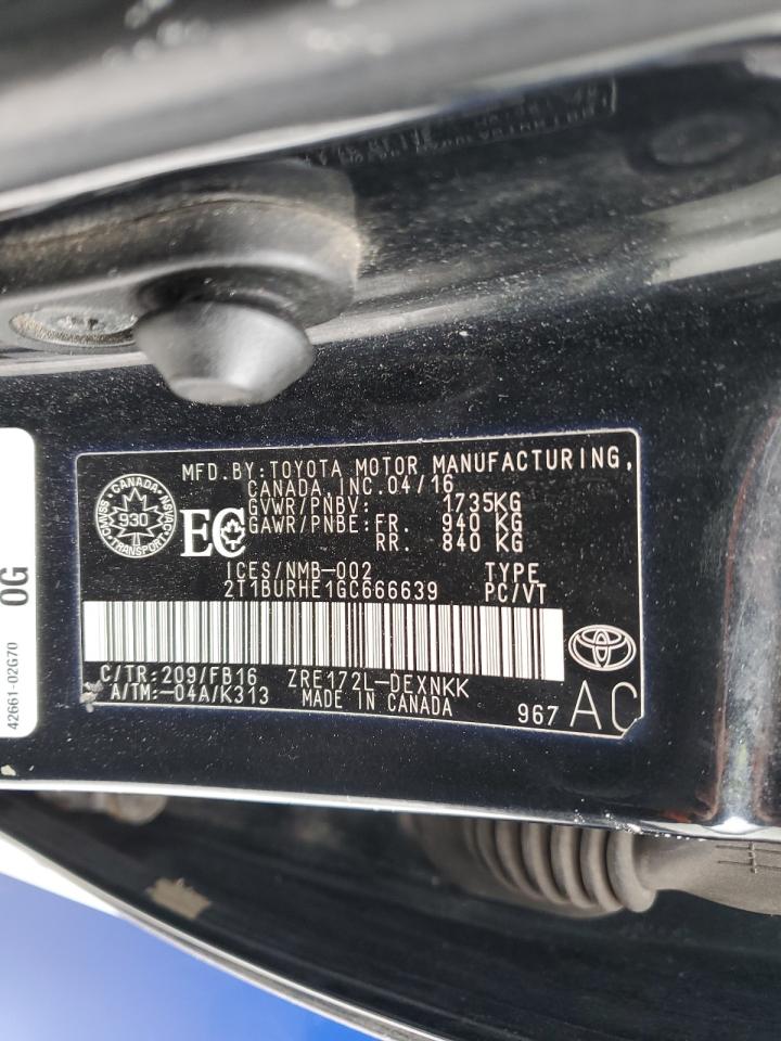 2016 Toyota Corolla VIN 2T1BURHE1GC666639 Copart auction photo, front end / rear end damage thumbnail 12