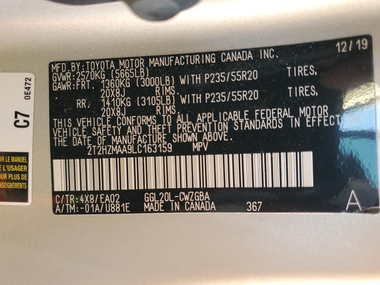 2020 Lexus RX VIN 2T2HZMAA9LC163159 Copart auction photo, rear end damage thumbnail 13