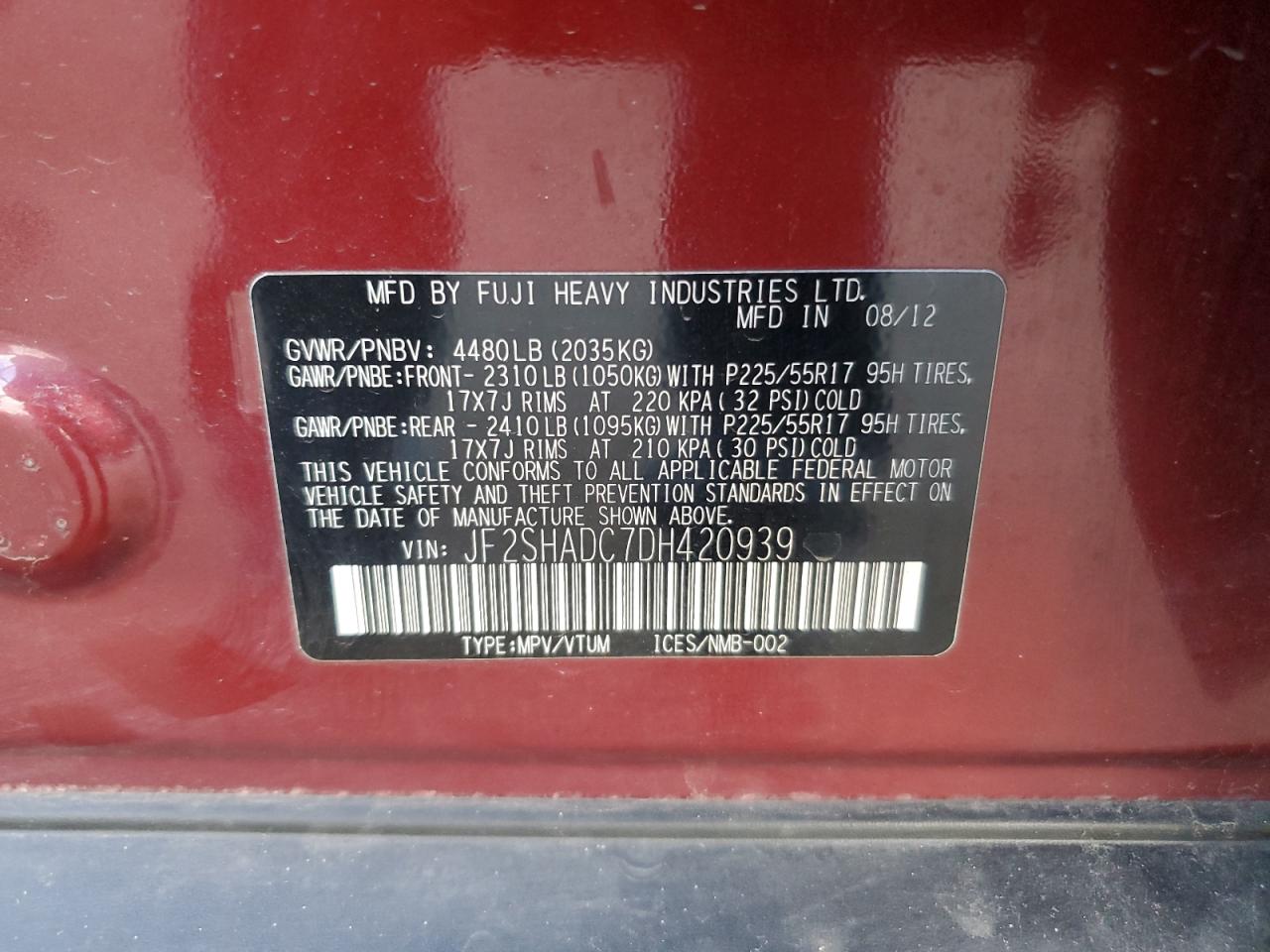 2013 Subaru Forester VIN JF2SHADC7DH420939 Copart auction photo, rear end damage thumbnail 15