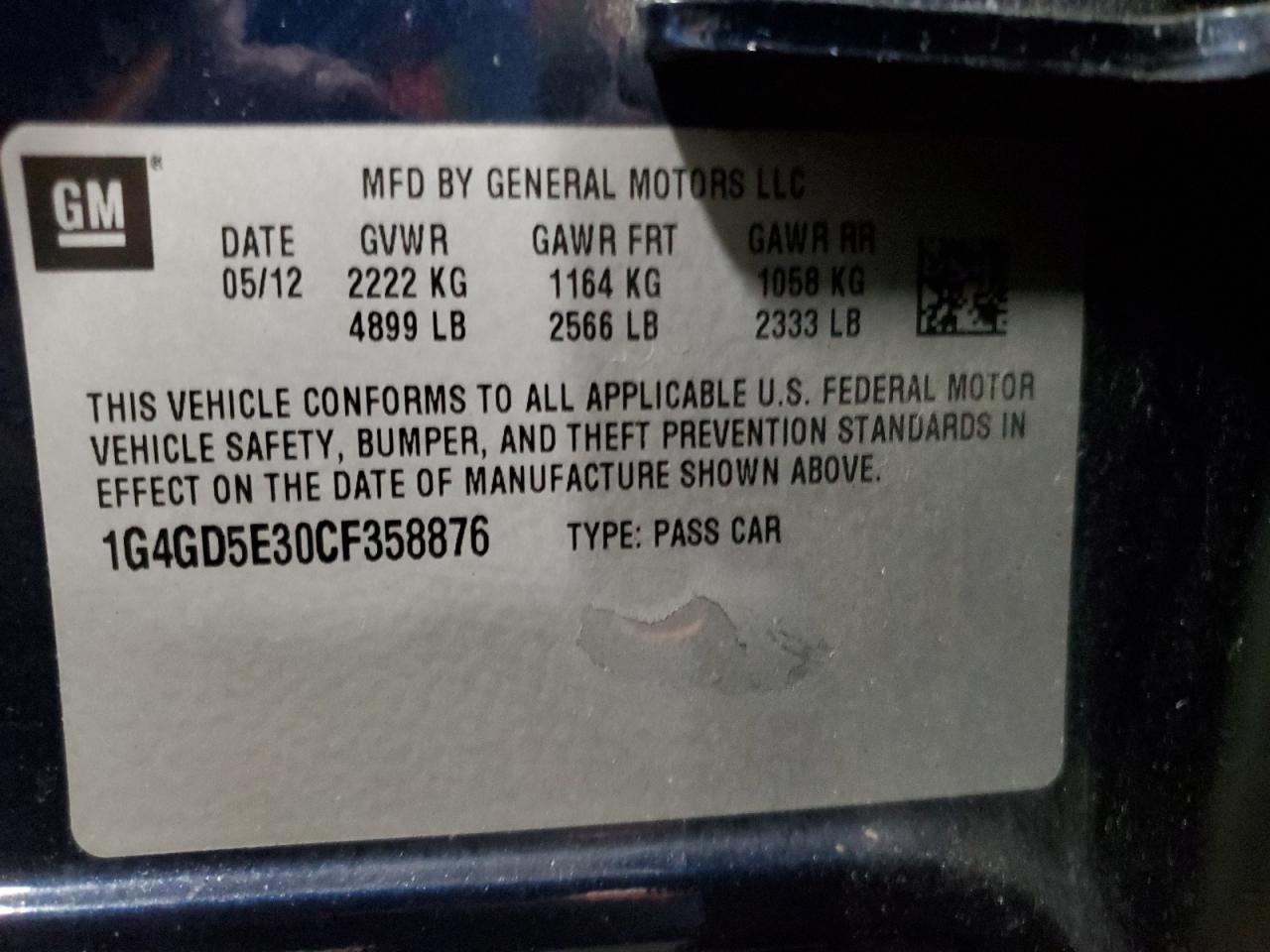 2012 Buick LaCrosse VIN 1G4GD5E30CF358876 Copart auction photo, front end damage thumbnail 15