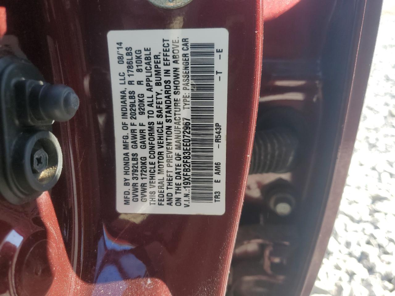 2014 Honda Civic VIN 19XFB2F83EE072967 Copart auction photo, front end damage thumbnail 12