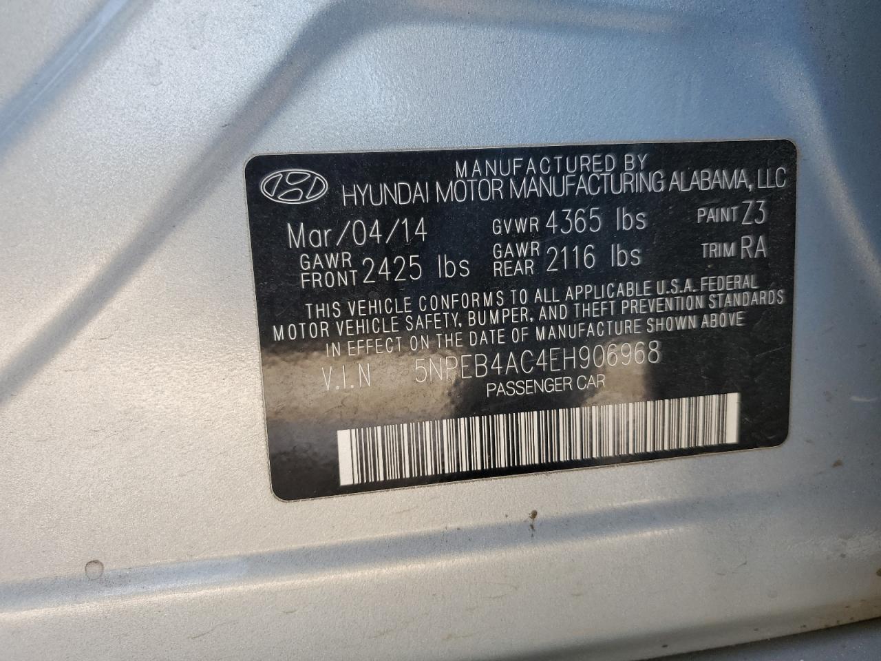 2014 Hyundai Sonata VIN 5NPEB4AC4EH906968 Copart auction photo, front end / minor dent/scratches damage thumbnail 14