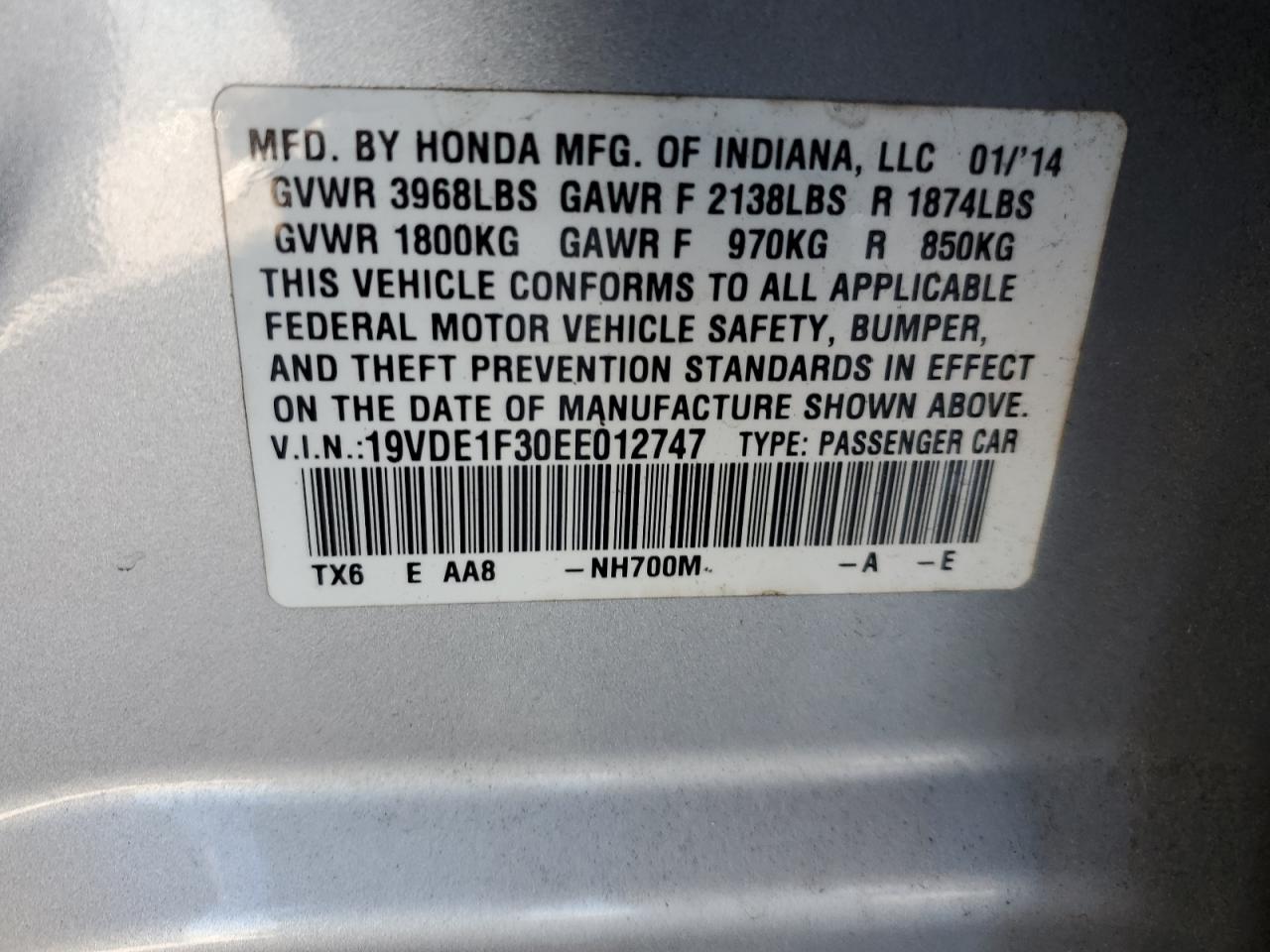 2014 Acura ILX VIN 19VDE1F30EE012747 Copart auction photo, mechanical damage thumbnail 13