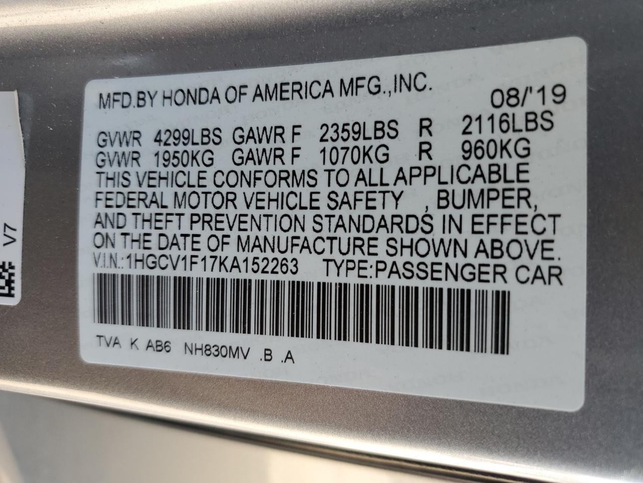 2019 Honda Accord VIN 1HGCV1F17KA152263 Copart auction photo, front end damage thumbnail 14