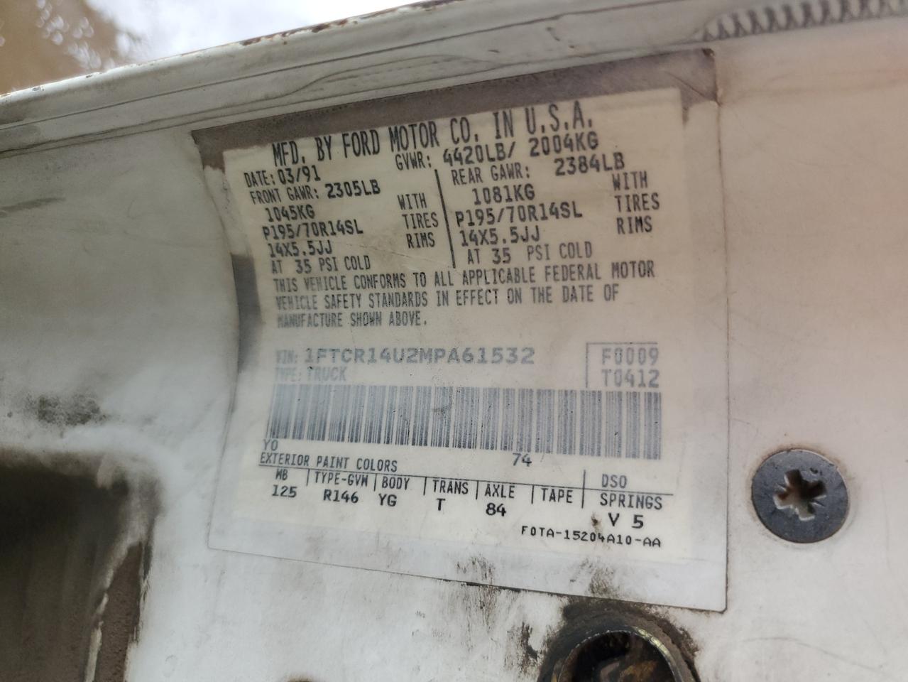 1991 Ford Ranger VIN 1FTCR14U2MPA61532 Copart auction photo, rear end damage thumbnail 13