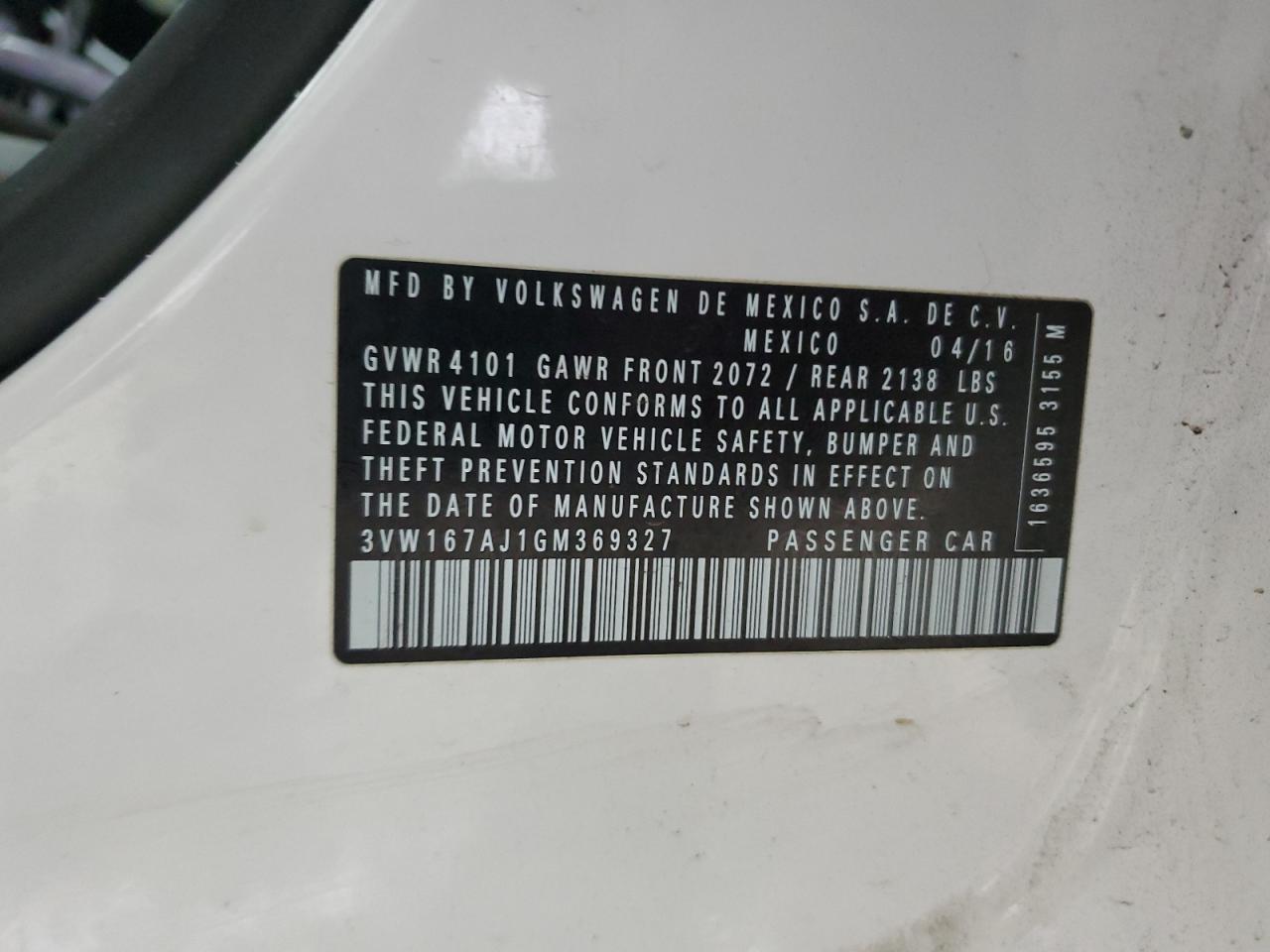 2016 Volkswagen Jetta VIN 3VW167AJ1GM369327 Copart auction photo, all over / front end damage thumbnail 13