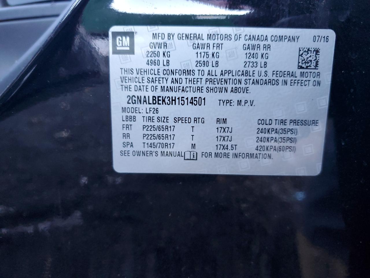 2017 Chevrolet Equinox VIN 2GNALBEK3H1514501 Copart auction photo, front end / top/roof damage thumbnail 14
