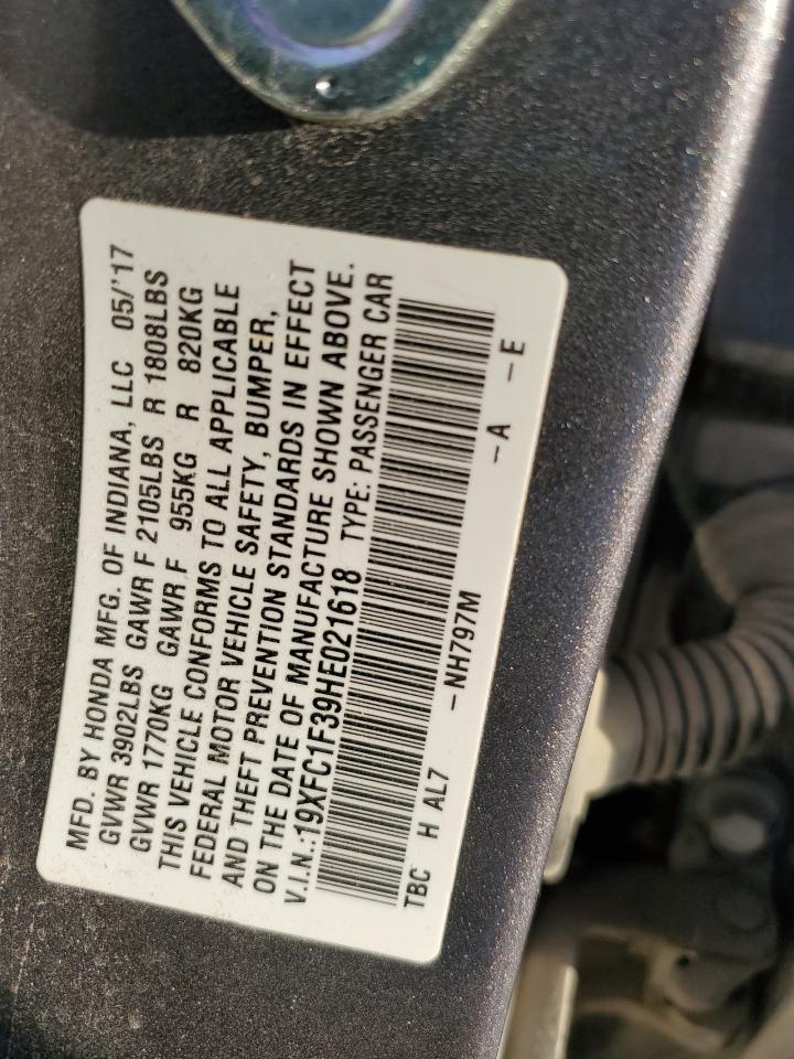 2017 Honda Civic VIN 19XFC1F39HE021618 Copart auction photo, front end damage thumbnail 12