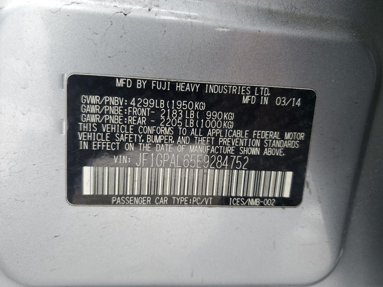 2014 Subaru Impreza VIN JF1GPAL65E9284752 Copart auction photo, all over damage thumbnail 14