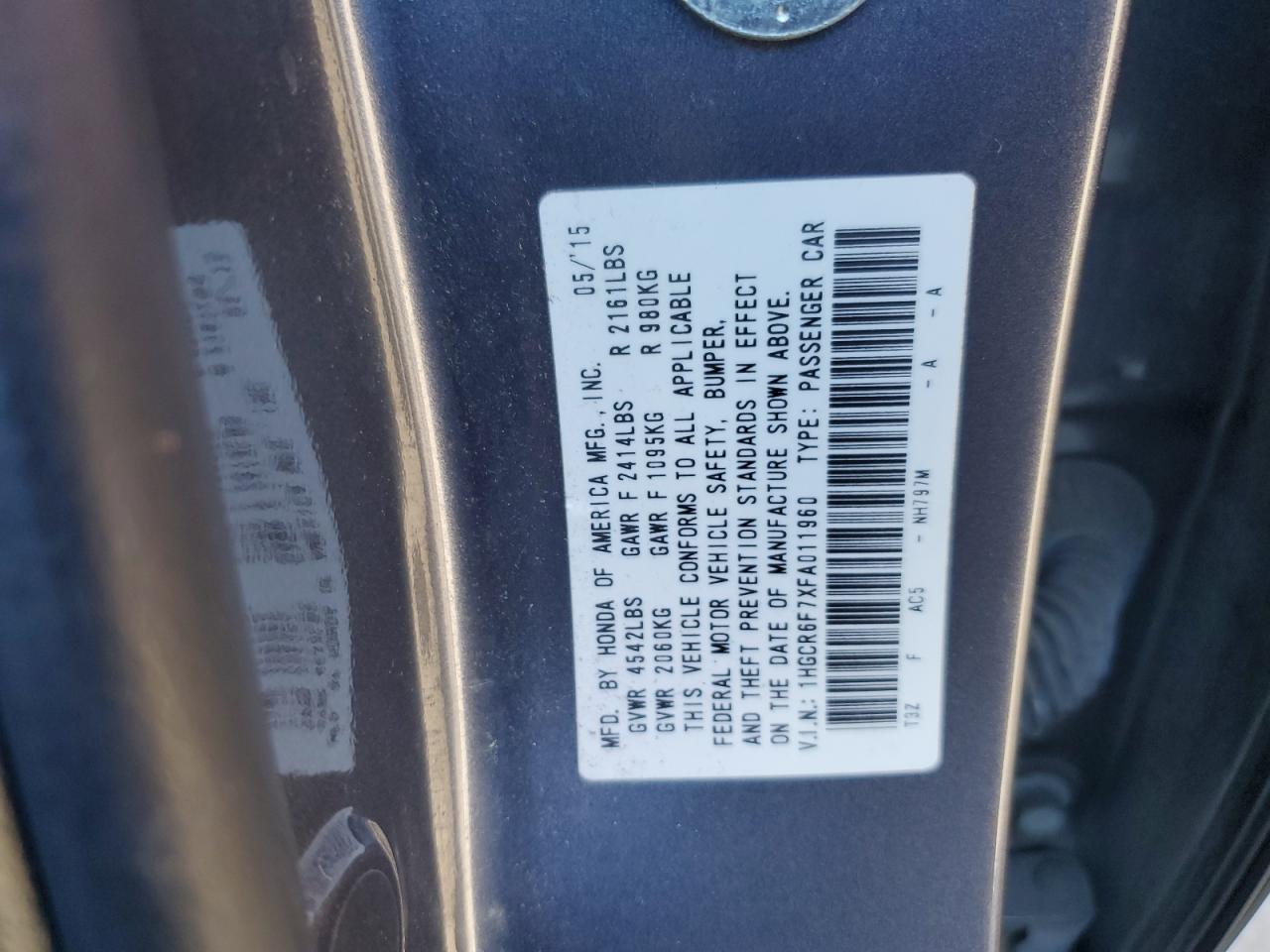2015 Honda Accord VIN 1HGCR6F7XFA011960 Copart auction photo, all over damage thumbnail 12
