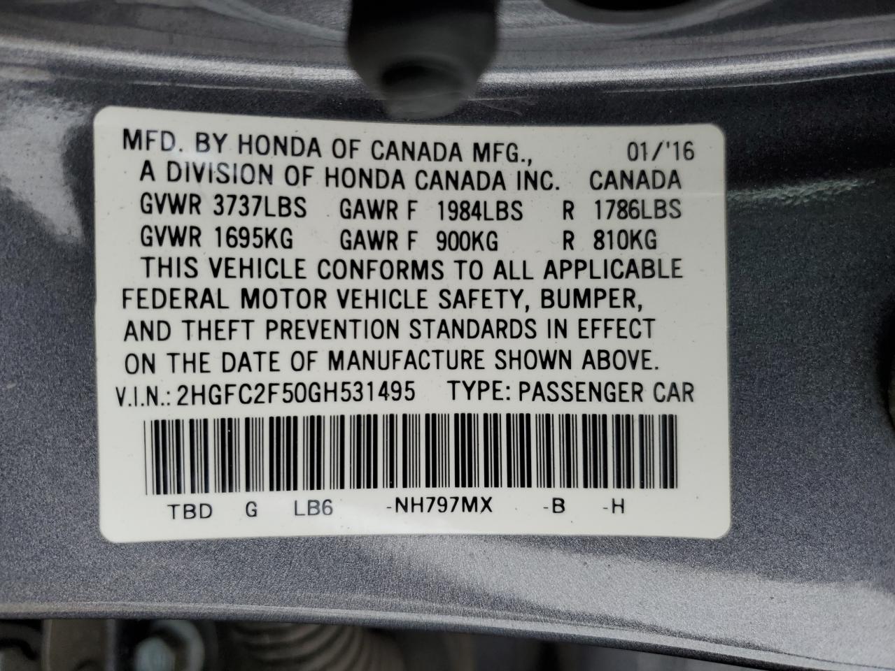 2016 Honda Civic VIN 2HGFC2F50GH531495 Copart auction photo, front end / rear end damage thumbnail 14