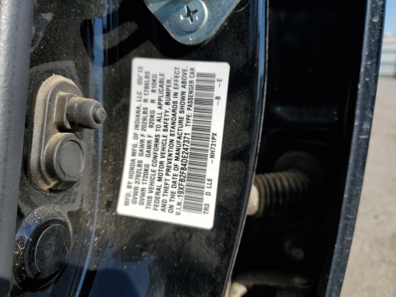 2013 Honda Civic VIN 19XFB2F84DE247371 Copart auction photo, rear end damage thumbnail 12