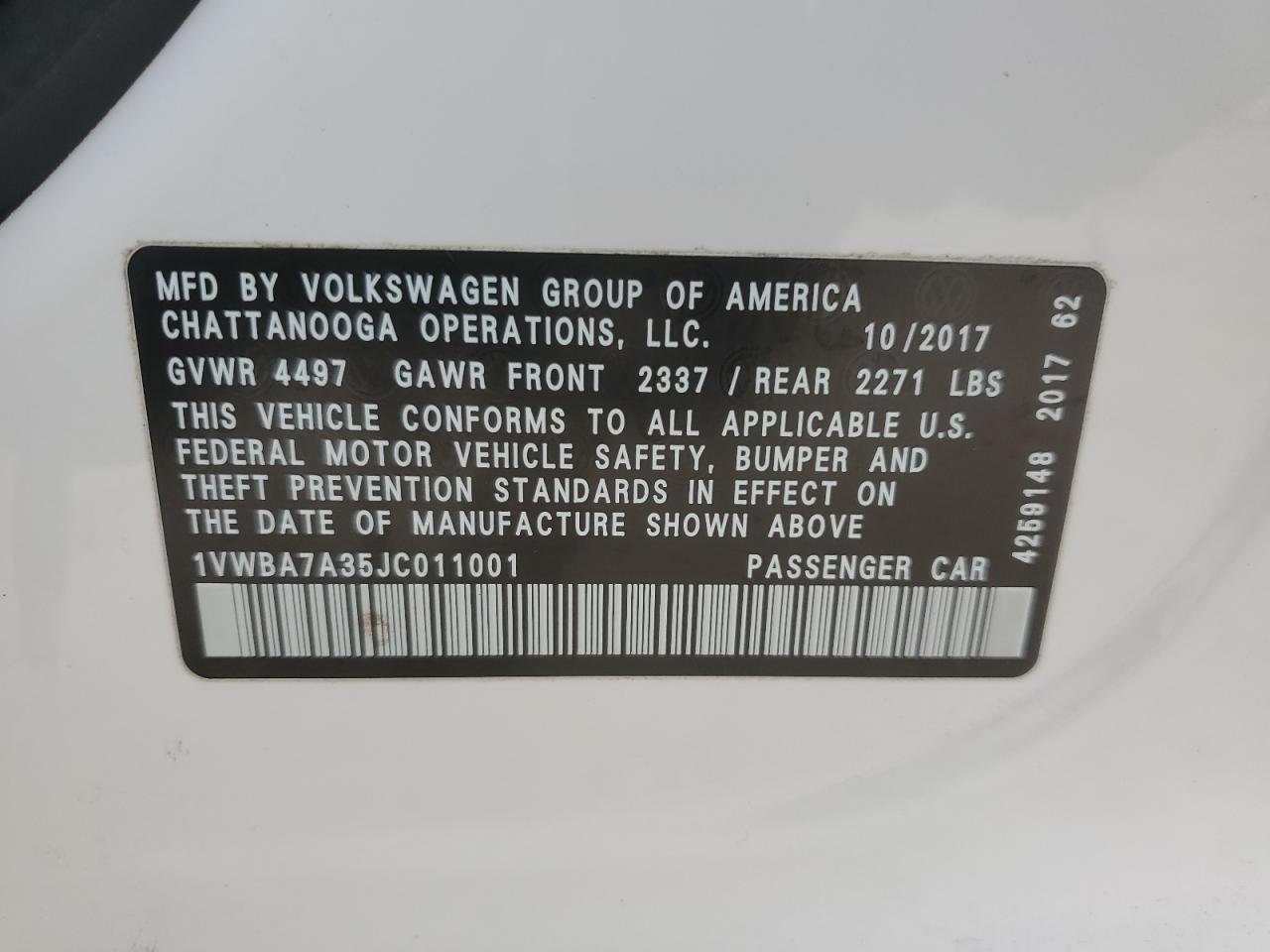 2018 Volkswagen Passat VIN 1VWBA7A35JC011001 Copart auction photo, rear end / side damage thumbnail 13