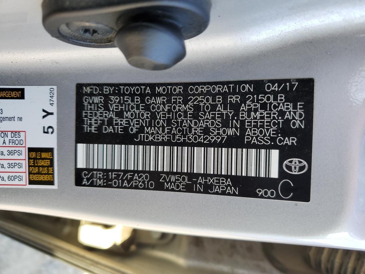 2017 Toyota Prius VIN JTDKBRFU5H3042997 Copart auction photo, all over damage thumbnail 15