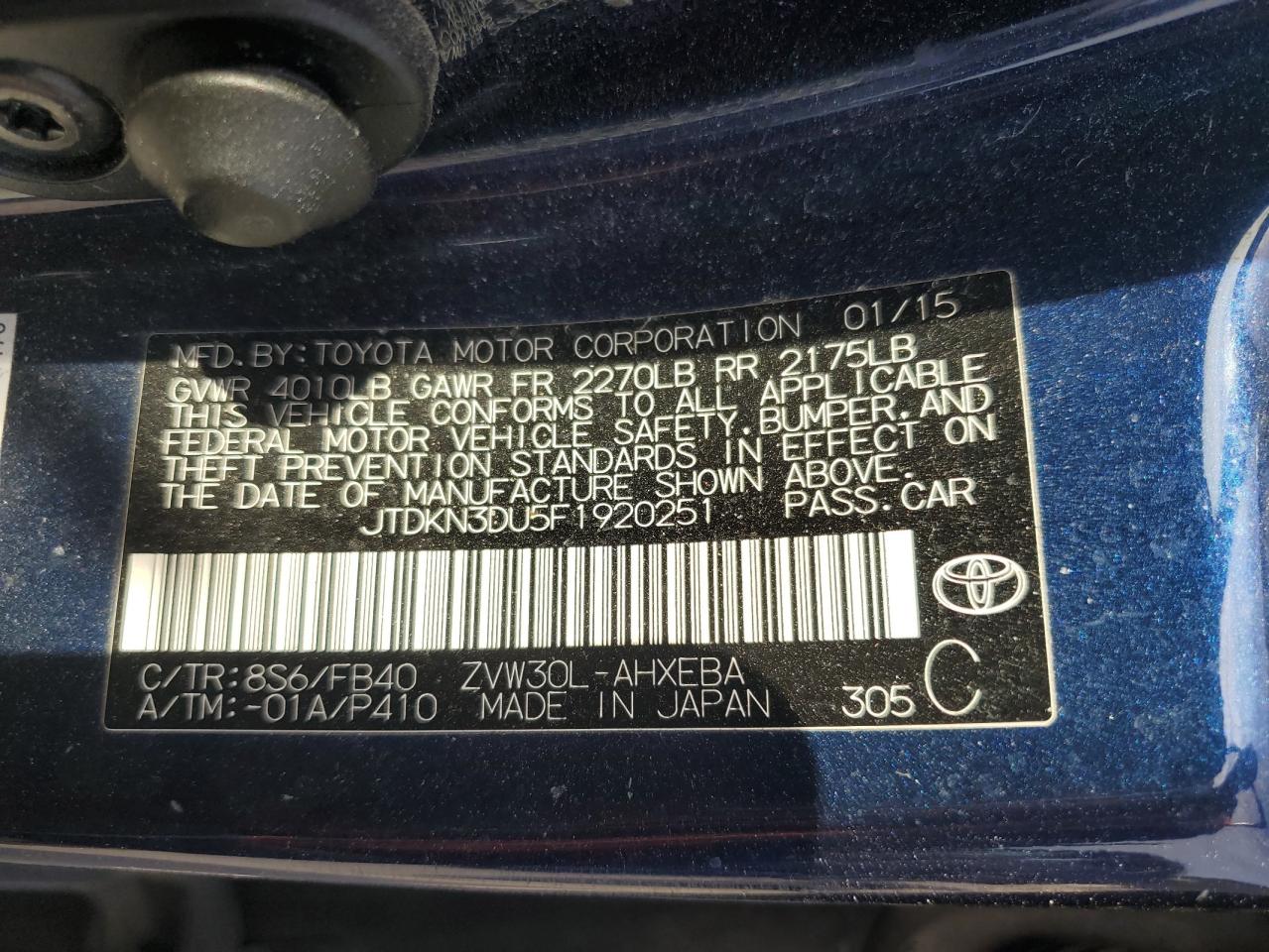 2015 Toyota Prius VIN JTDKN3DU5F1920251 Copart auction photo, all over damage thumbnail 12