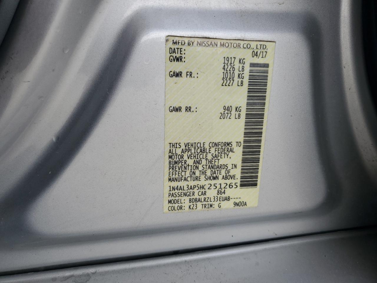 2017 Nissan Altima VIN 1N4AL3AP5HC251265 Copart auction photo, front end / side damage thumbnail 13