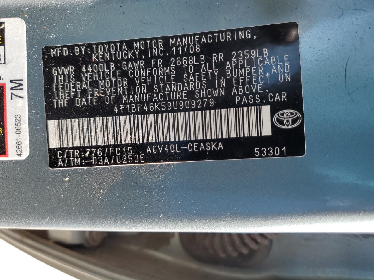 2009 Toyota Camry VIN 4T1BE46K59U909279 Copart auction photo, all over damage thumbnail 12