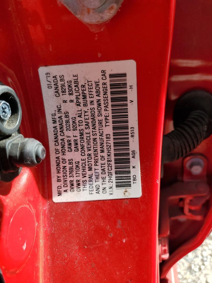 2019 Honda Civic VIN 2HGFC2F81KH527183 Copart auction photo, side damage thumbnail 13