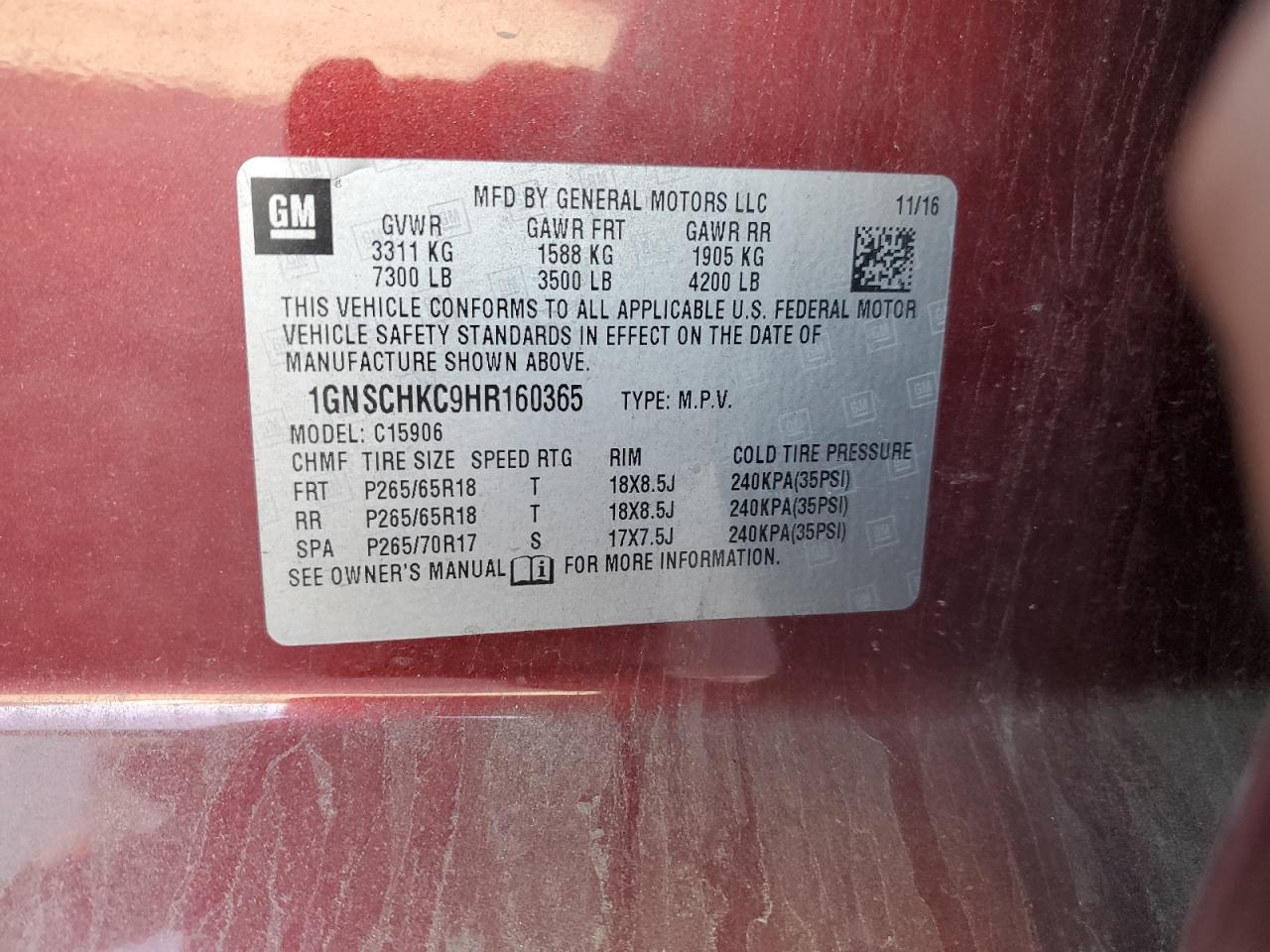2017 Chevrolet Suburban VIN 1GNSCHKC9HR160365 Copart auction photo, all over damage thumbnail 12