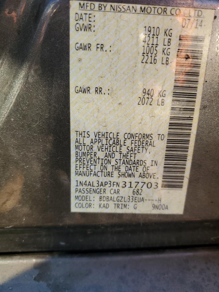 2015 Nissan Altima VIN 1N4AL3AP3FN317703 Copart auction photo, all over damage thumbnail 12
