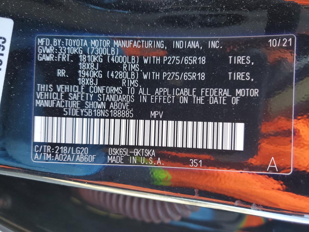2022 Toyota Sequoia VIN 5TDEY5B18NS188885 Copart auction photo, front end damage thumbnail 15