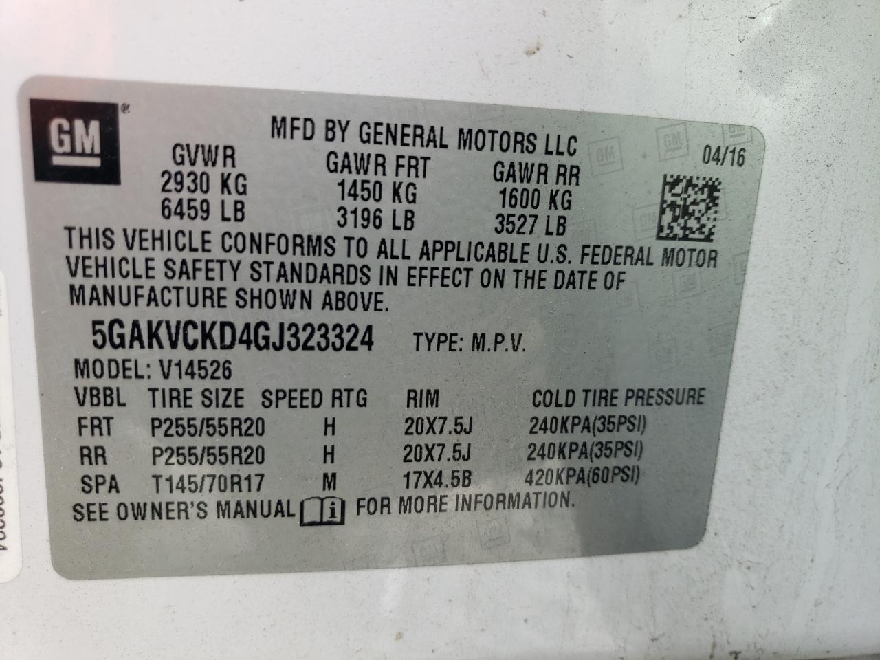 2016 Buick Enclave VIN 5GAKVCKD4GJ323324 Copart auction photo, front end damage thumbnail 14