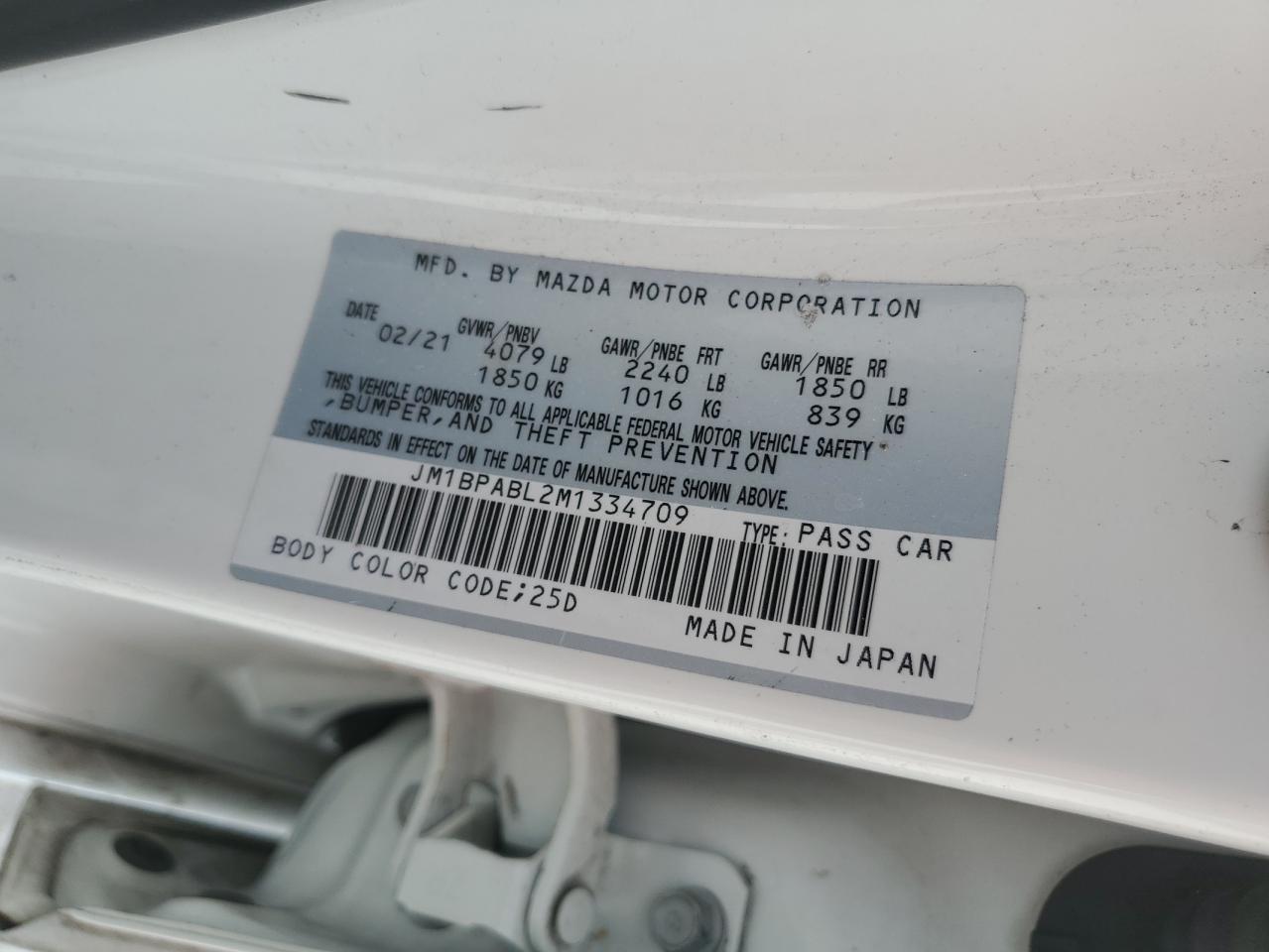 2021 Mazda 3 VIN JM1BPABL2M1334709 Copart auction photo, front end / side damage thumbnail 12