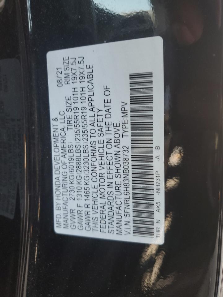 2022 Honda Odyssey VIN 5FNRL6H83NB038732 Copart auction photo, front end damage thumbnail 13