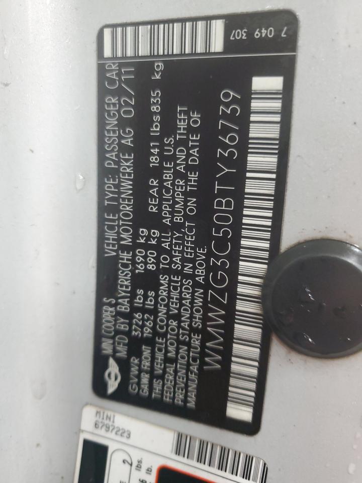 2011 MINI Cooper VIN WMWZG3C50BTY36739 Copart auction photo, front end / minor dent/scratches damage thumbnail 12