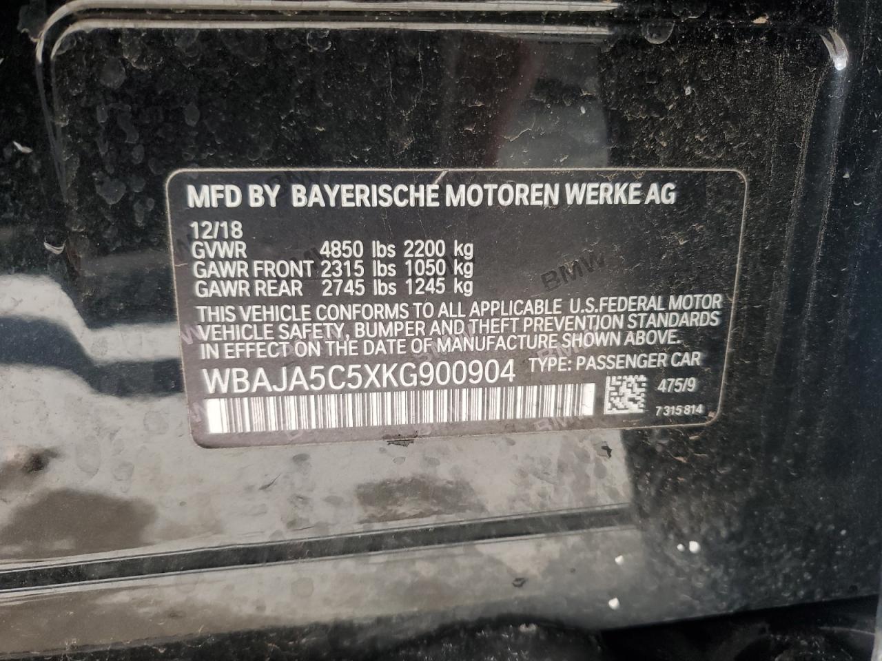2019 BMW 5er VIN WBAJA5C5XKG900904 Copart auction photo, side damage thumbnail 12
