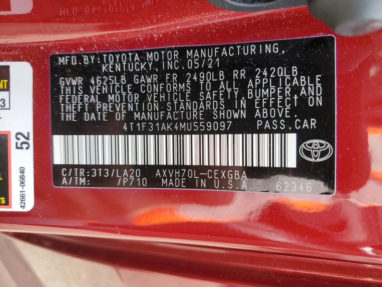 2021 Toyota Camry VIN 4T1F31AK4MU559097 Copart auction photo, rear end damage thumbnail 12