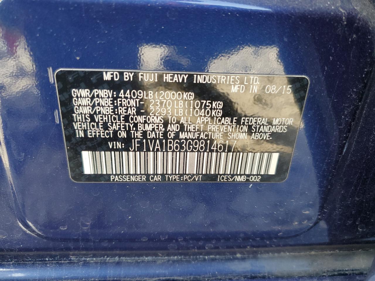 2016 Subaru WRX VIN JF1VA1B63G9814617 Copart auction photo, rear end / side damage thumbnail 13
