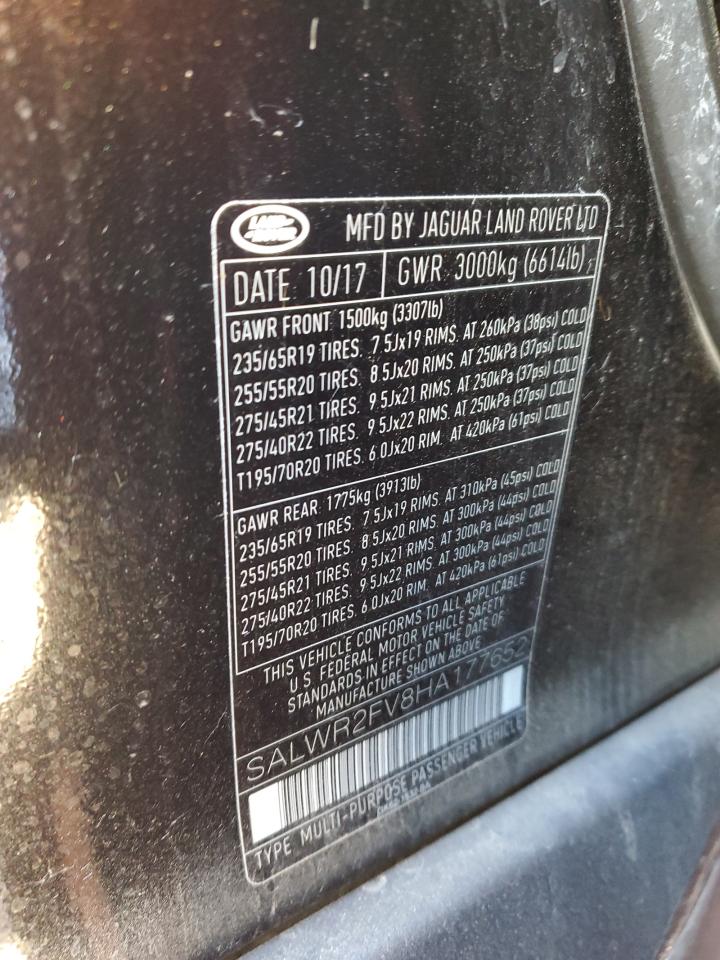 2017 Land Rover Range Rover VIN SALWR2FV8HA177652 Copart auction photo, front end damage thumbnail 13