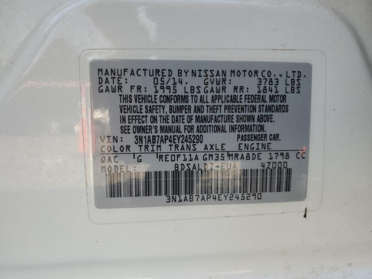 2014 Nissan Sentra VIN 3N1AB7AP4EY245290 Copart auction photo, side / front end damage thumbnail 12