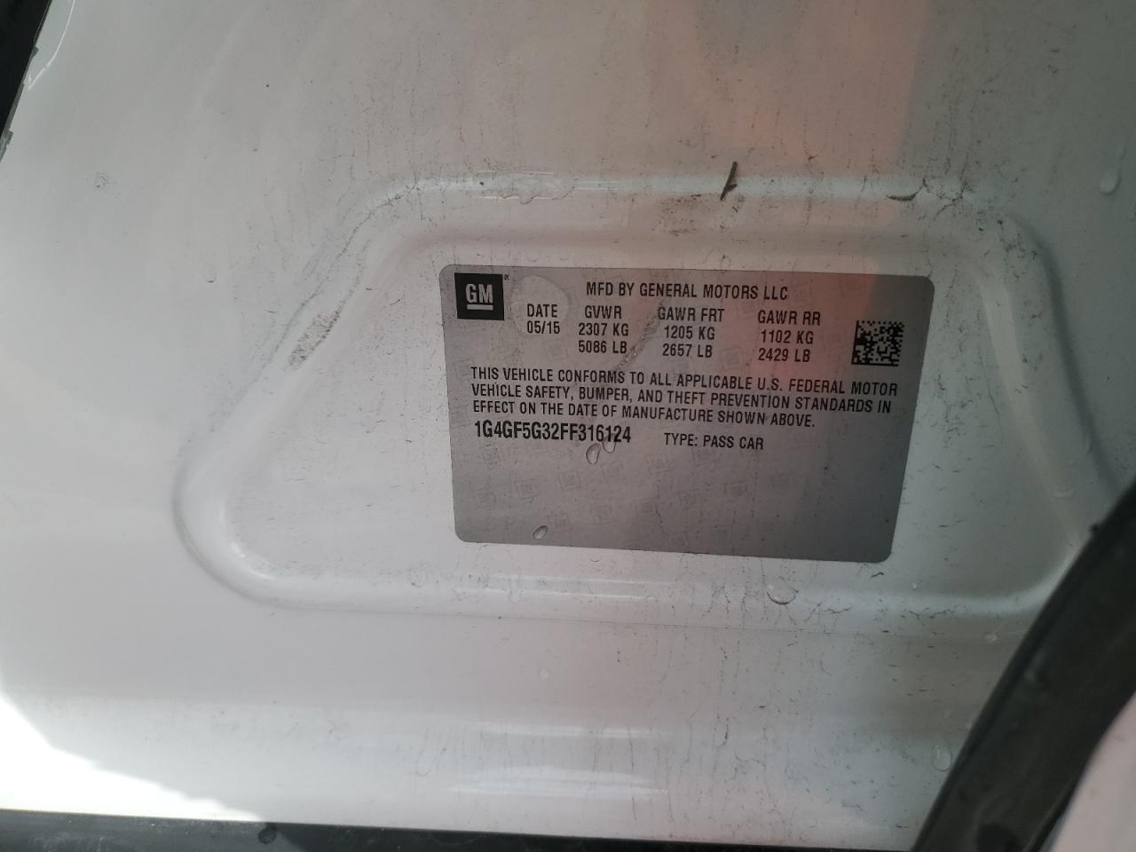 2015 Buick LaCrosse VIN 1G4GF5G32FF316124 Copart auction photo, side / front end damage thumbnail 14