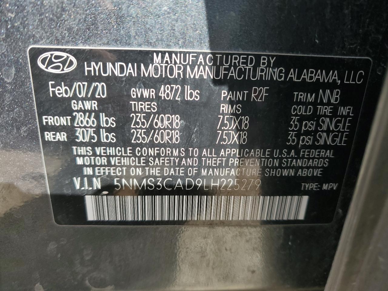 2020 Hyundai Santa Fe VIN 5NMS3CAD9LH225279 Copart auction photo, front end damage thumbnail 14