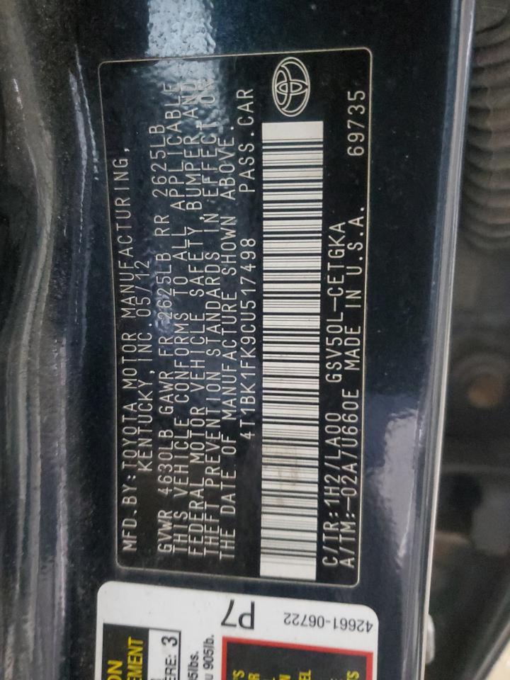 2012 Toyota Camry VIN 4T1BK1FK9CU517498 Copart auction photo, minor dent/scratches / normal wear damage thumbnail 12