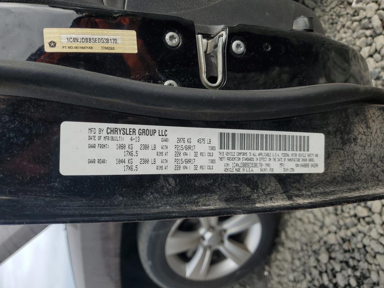 2014 Jeep Compass VIN 1C4NJDBB5ED538170 Copart auction photo, rear end / side damage thumbnail 13