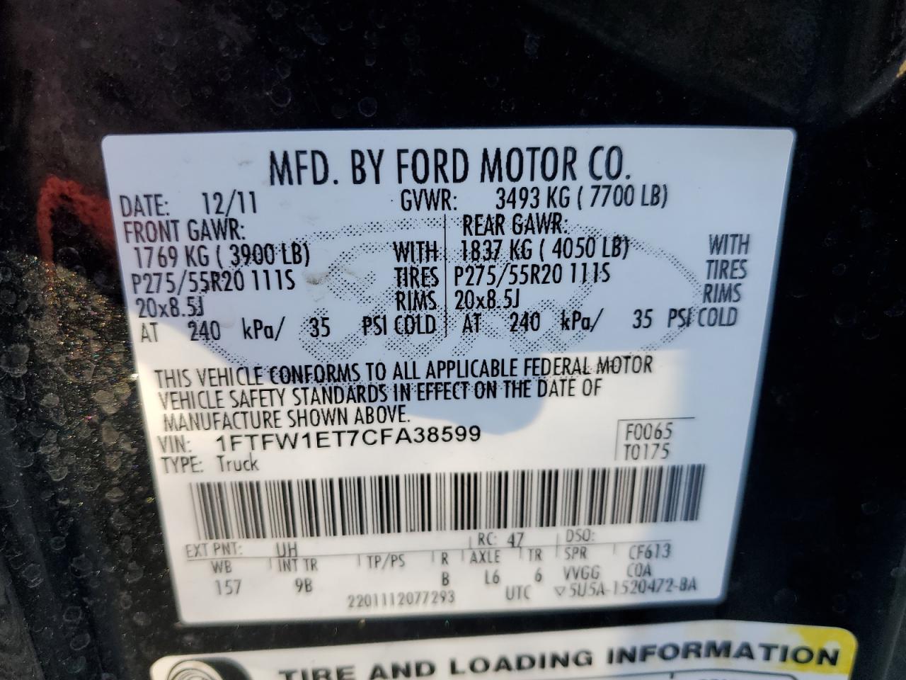 2012 Ford F-150 VIN 1FTFW1ET7CFA38599 Copart auction photo, all over damage thumbnail 12