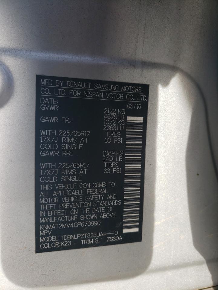 2016 Nissan Rogue VIN KNMAT2MV4GP670990 Copart auction photo, front end / side damage thumbnail 13