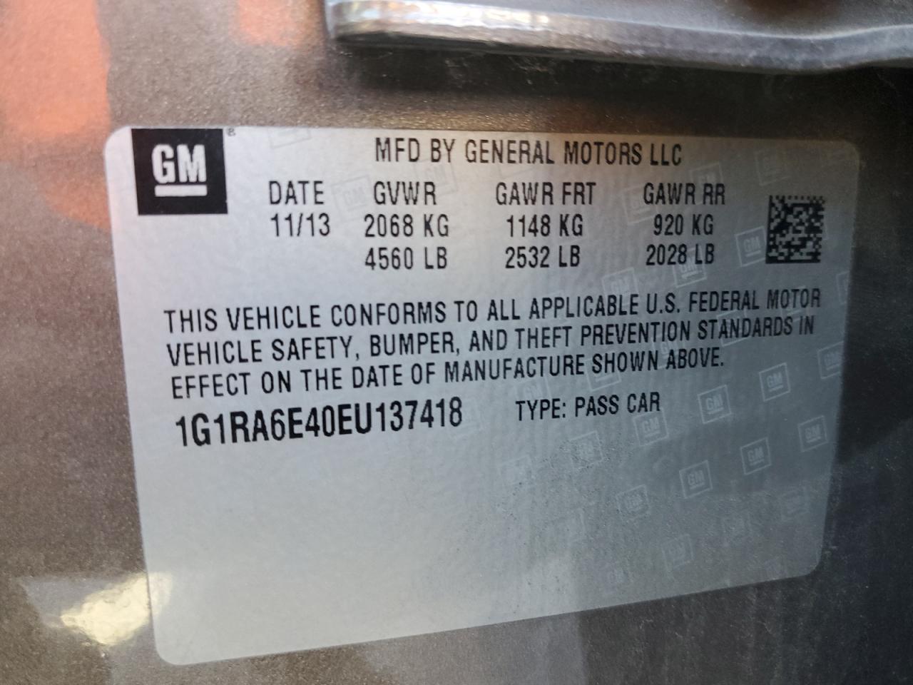2014 Chevrolet Volt VIN 1G1RA6E40EU137418 Copart auction photo, front end damage thumbnail 14