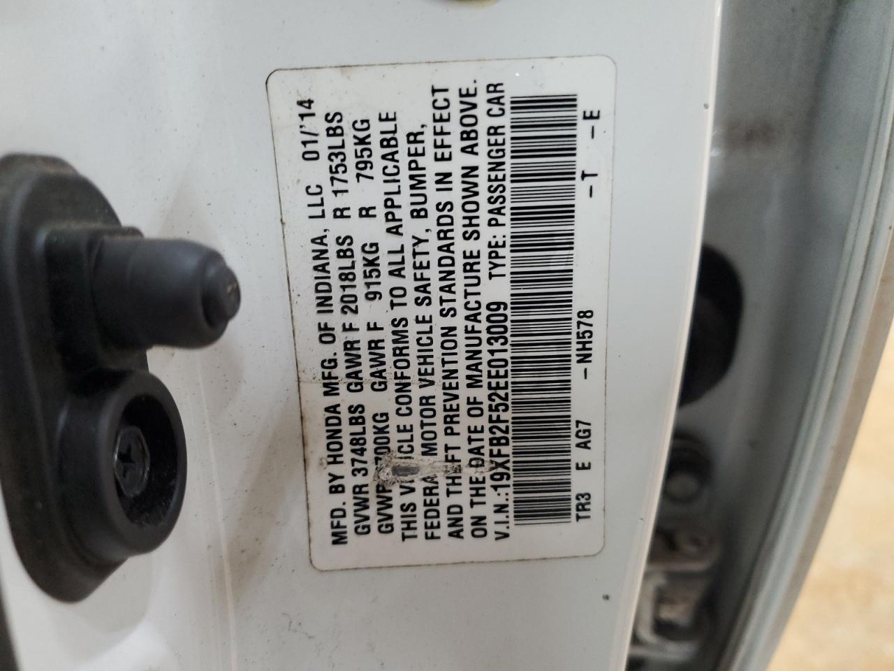 2014 Honda Civic VIN 19XFB2F52EE013009 Copart auction photo, front end damage thumbnail 14