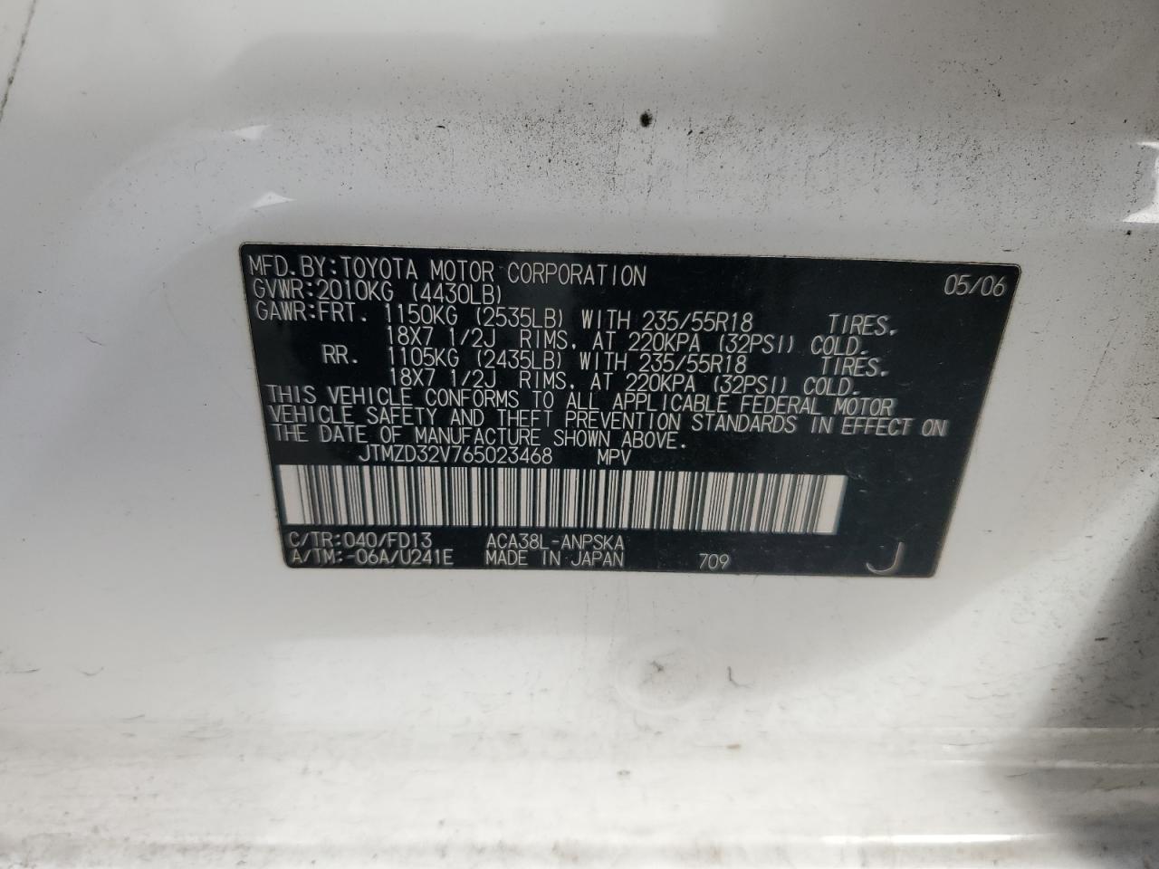 2006 Toyota RAV 4 VIN JTMZD32V765023468 Copart auction photo, rear end damage thumbnail 13